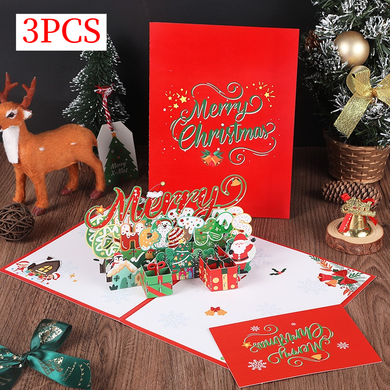 3PCS-Merry Christmas 3D Pop Up Card, Creative Paper Craft Holiday Greeting Message Card