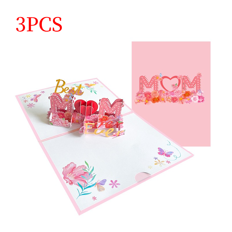 3-Pack - Mother's Day “MOM” Flower 3D Pop-Up Card, Creative Paper Craft Thank You Greeting Card - Pink