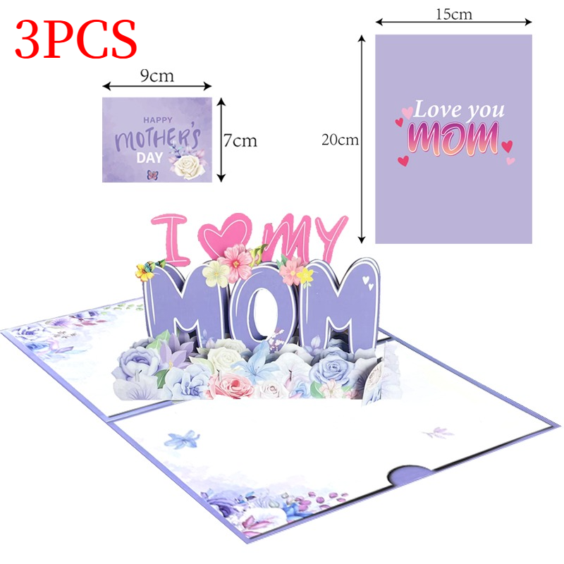 3-Pack - Mother's Day “MOM” Flower 3D Pop-Up Card, Creative Paper Craft Thank You Greeting Card - Light Purple
