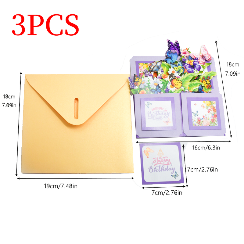 3PCS-Butterfly Flower Box Birthday 3D Pop Up Card, Creative Pop Out Greeting Message Card