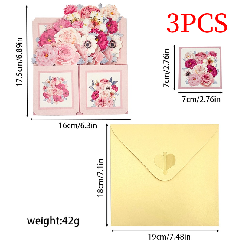 3PCS-Pink Peony Mixed Flower Box 3D Pop Up Card, Soft Girly Bouquet Pop-out Holiday Greeting Card