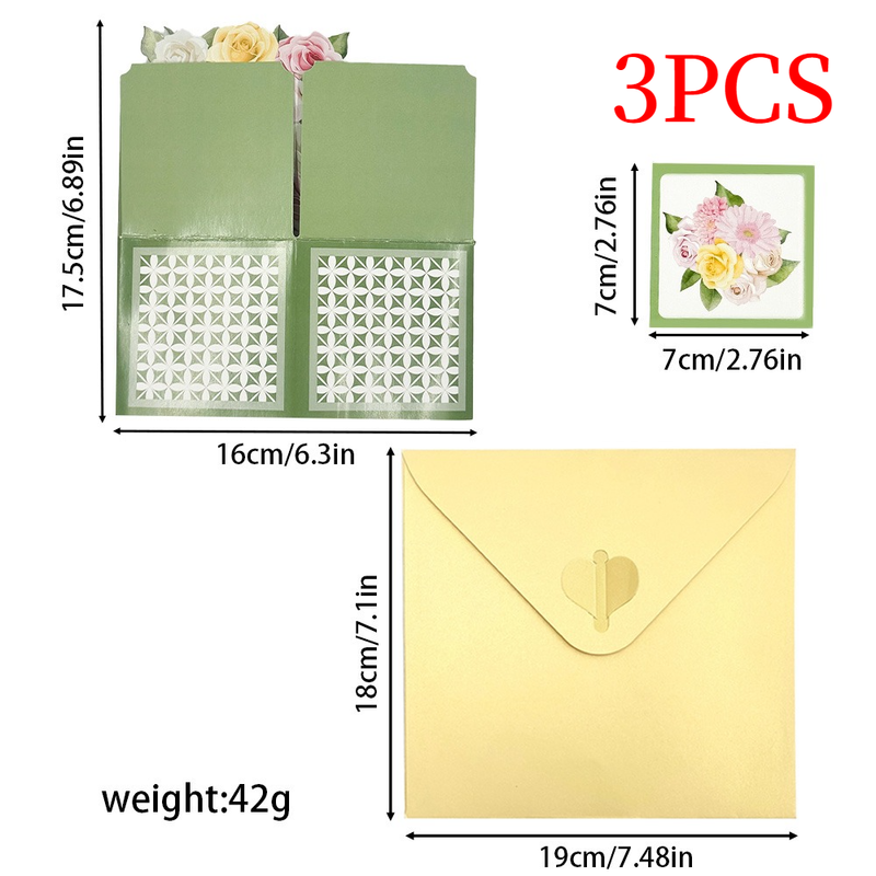 3PCS-Green Box Tricolor Rose 3D Pop Up Card, Fresh Floral Box-Style Holiday Greeting Card