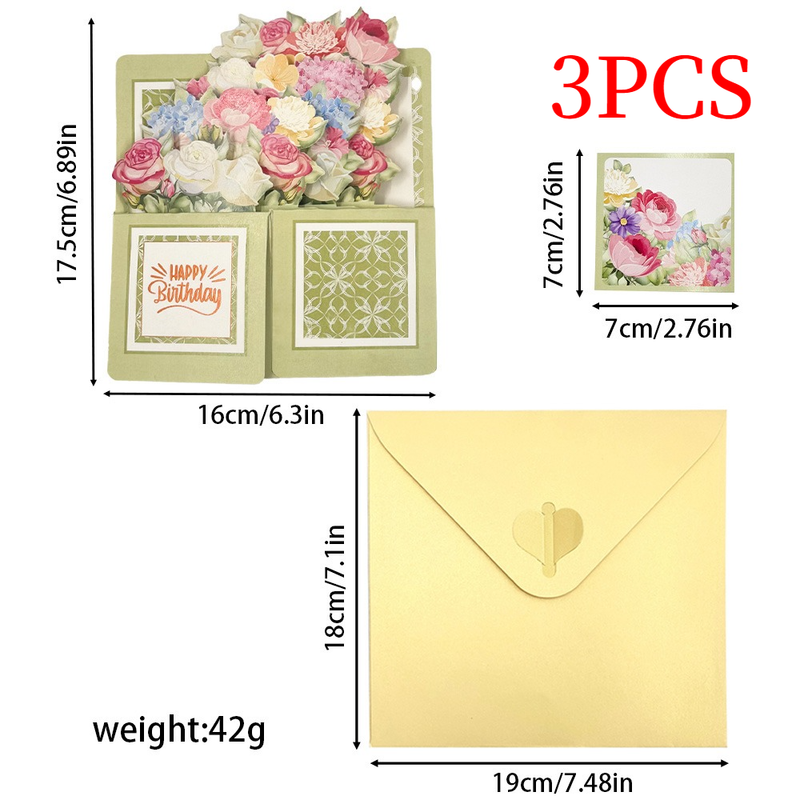 3PCS-Light Green Birthday Mixed Flowers Box 3D Pop Up Card, Colorful Bouquet Birthday Greeting Card