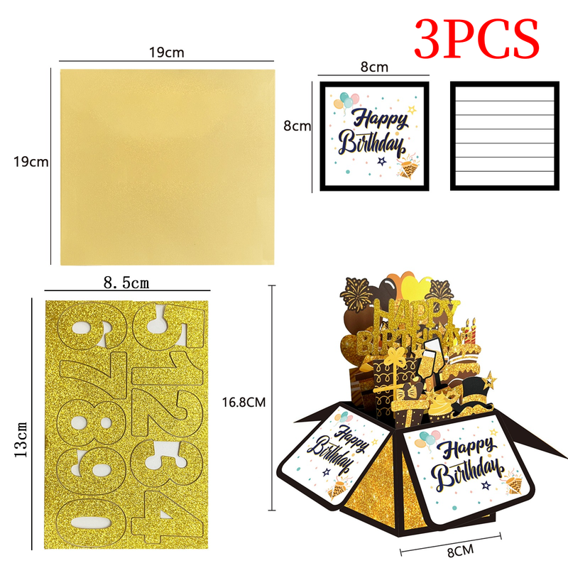 3PCS-Black Gold Glitter DIY Number Birthday Box 3D Pop Up Card, Age Birthday Greeting Card