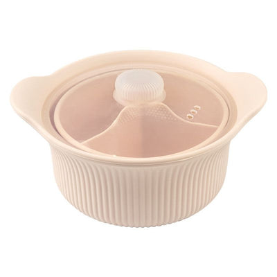 Food-Grade Silicone Divided Steamer Pot, Double-Handled Stew Pot with Lid, 1250ml, for Home Diet Cooking—Beige