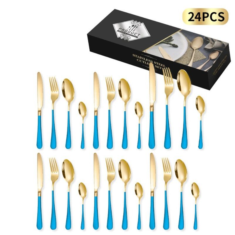 24-Piece Stainless Steel Tableware Set, Mirror-Polished Steak Knife, Fork, and Spoon Cutlery—Blue