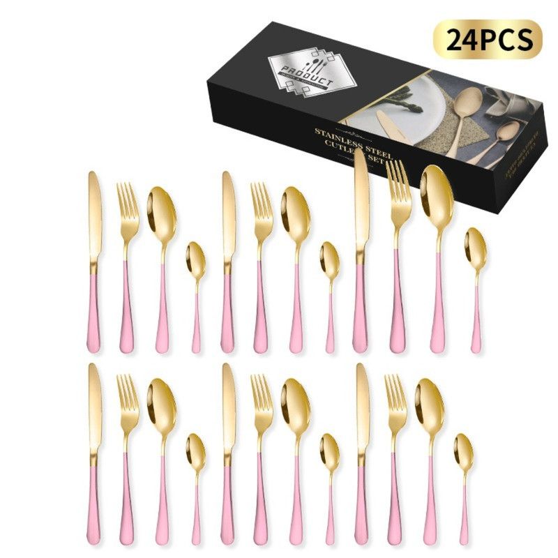 24-Piece Stainless Steel Tableware Set, Mirror-Polished Steak Knife, Fork, and Spoon Cutlery—Pink