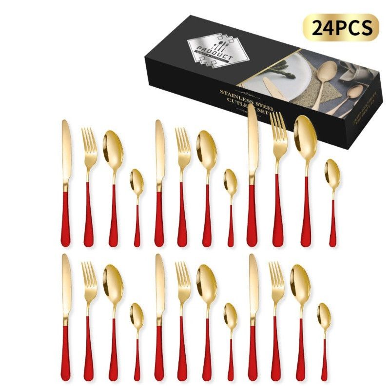 24-Piece Stainless Steel Tableware Set, Mirror-Polished Steak Knife, Fork, and Spoon Cutlery—Red