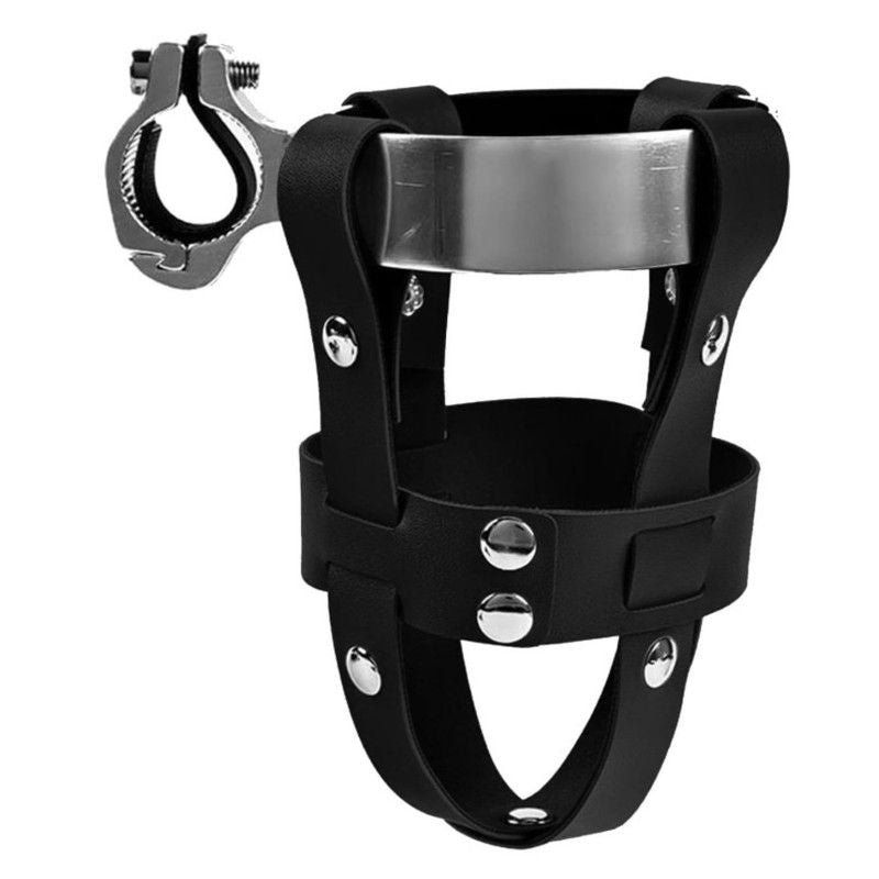 Adjustable Double-Layer PU Leather Bike Cup Holder, Universal Water Bottle Rack for Bicycles, E-bikes—Black