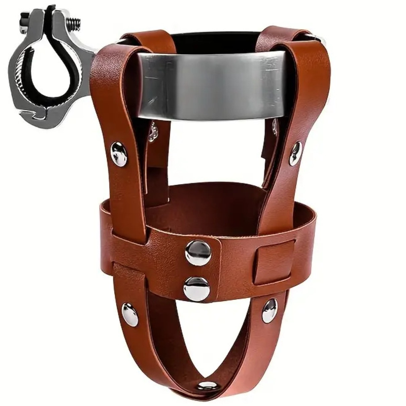 Adjustable Double-Layer PU Leather Bike Cup Holder, Universal Water Bottle Rack for Bicycles, E-bikes—Brown