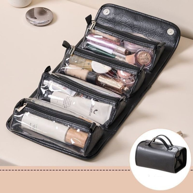 4-in-1 Travel Makeup Bag, Waterproof Foldable Large-Capacity Cosmetic Organizer, Hanging Wash Bag - Black