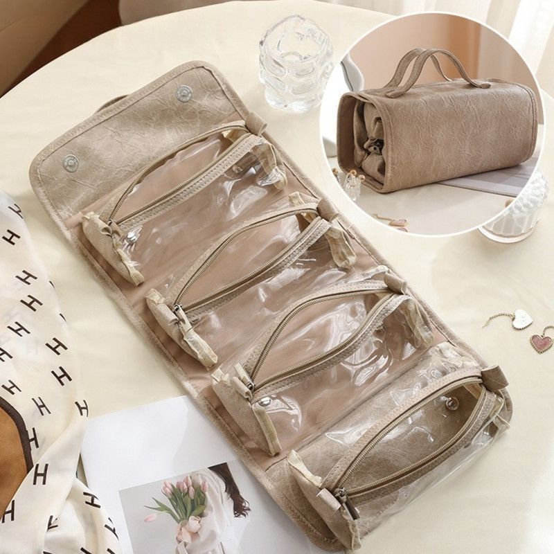 4-in-1 Travel Makeup Bag, Waterproof Foldable Large-Capacity Cosmetic Organizer, Hanging Wash Bag - Camel