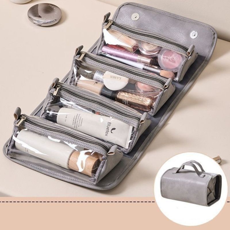 4-in-1 Travel Makeup Bag, Waterproof Foldable Large Capacity Cosmetic Organizer, Hanging Wash Bag—Gray