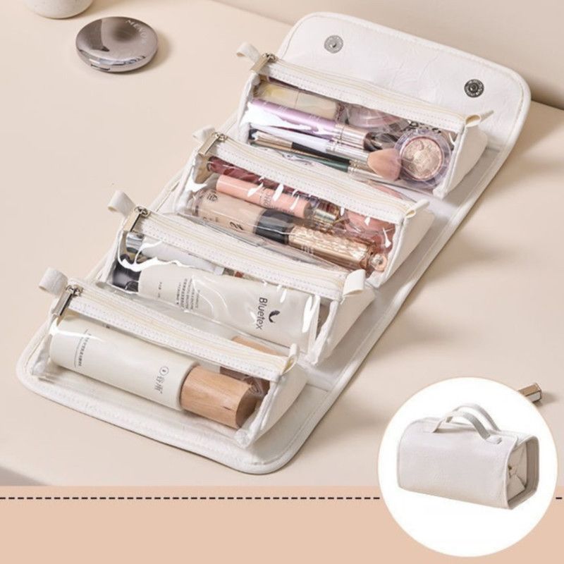 4-in-1 Travel Makeup Bag, Waterproof Foldable Large Capacity Cosmetic Organizer, Hanging Wash Bag—White