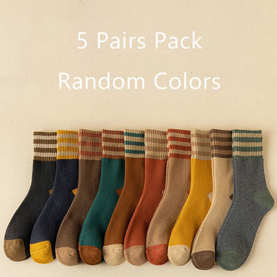 5 Pairs Womens Retro Stripe Crew Socks Soft Cotton Mid Calf Casual Daily Wear Socks Multipack