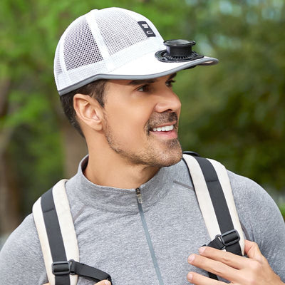 Solar Powered Cooling Fan Mesh Cap, Breathable Sun Protection Hat for Outdoor Hiking & Garden Work-light grey
