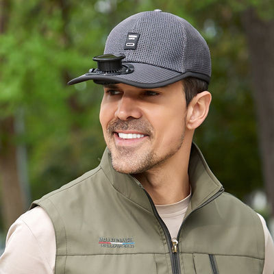 Solar Powered Cooling Fan Mesh Cap, Breathable Sun Protection Hat for Outdoor Hiking & Garden Work-grey