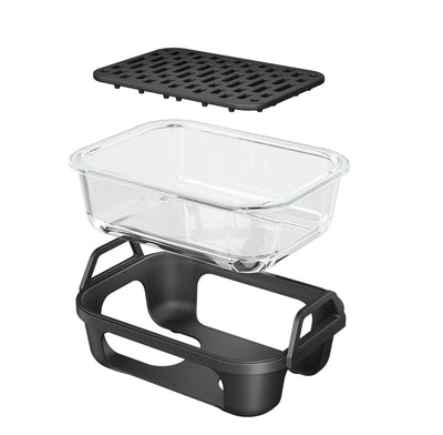 Air Fryer Glass Baking Tray Insert with Drain Rack & Support Frame, Heat Resistant Food Safe Cooking Container-Black