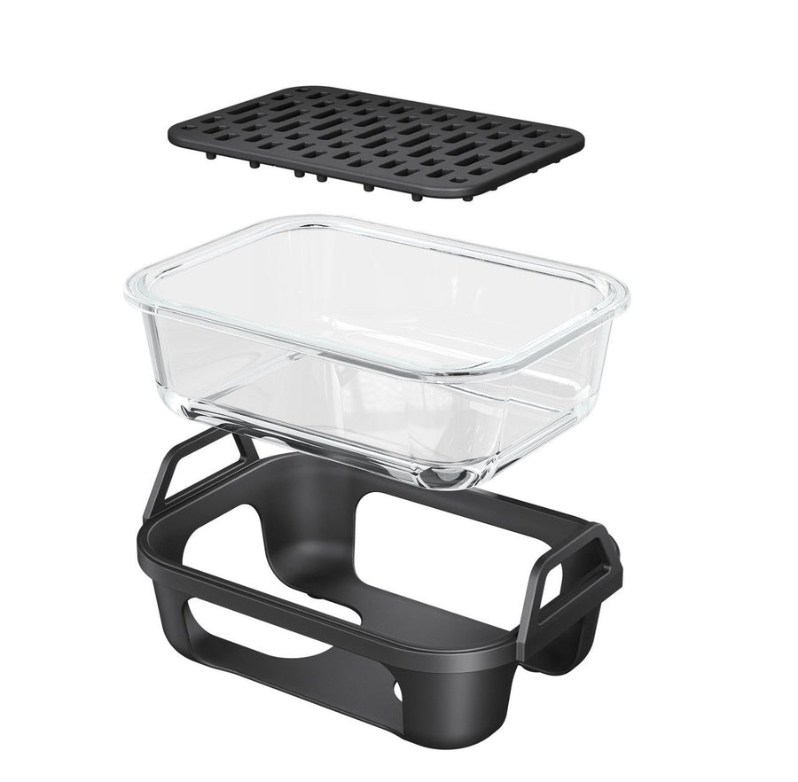 Air Fryer Glass Baking Tray Insert with Drain Rack & Support Frame, Heat Resistant Food Safe Cooking Container-Black