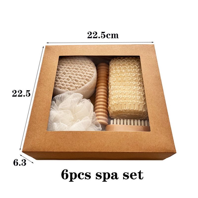 6 Piece Natural Body Bath Set Exfoliating Shower Kit with Loofah Brush Bath Sponge