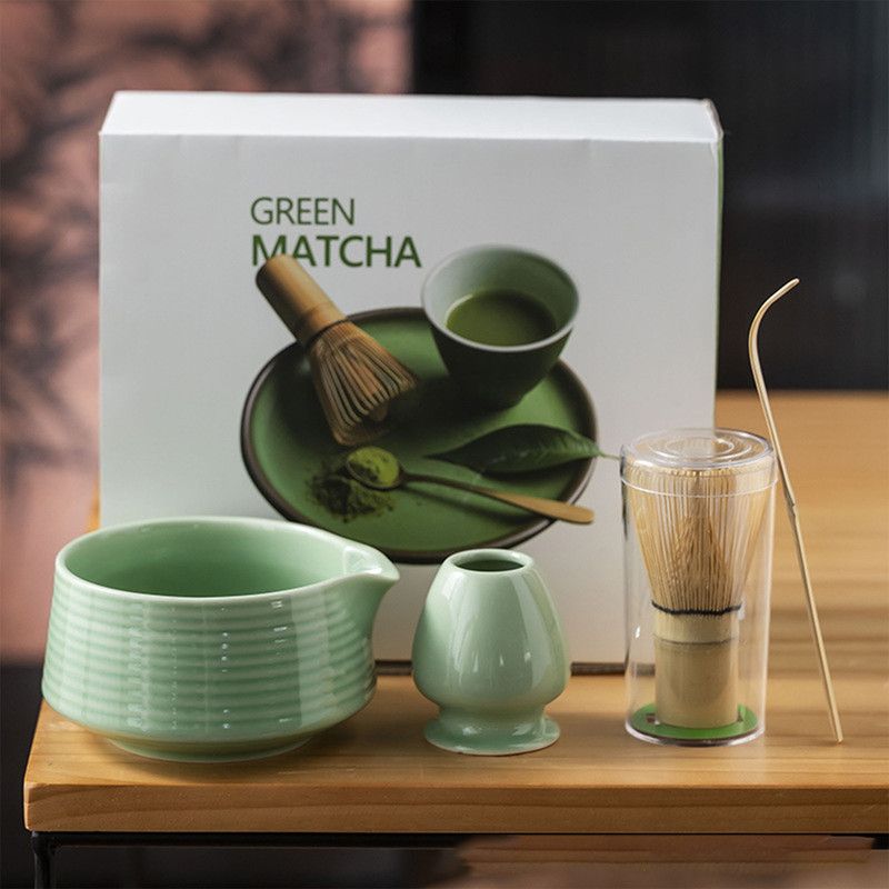 Diancha Tea Whisk Set, Bamboo Tea Tools with Ceramic Tea Bowl, Complete Powder Tea Making Kit, Gift Set for Tea Lovers-Green