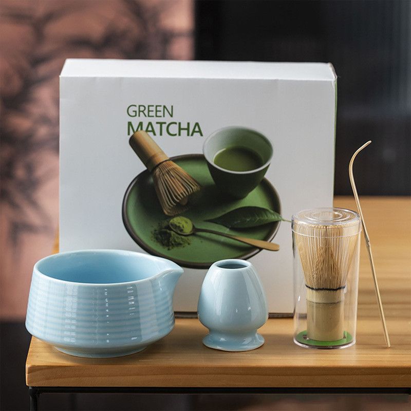 Diancha Tea Whisk Set, Bamboo Tea Tools with Ceramic Tea Bowl, Complete Powder Tea Making Kit, Gift Set for Tea Lovers-Blue