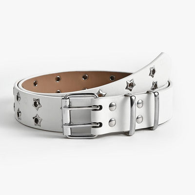 Punk Star Studded Waist Belt, Double Prong Eyelet Leather Belt for Jeans Goth Streetwear Outfit-white