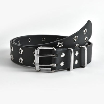 Punk Star Studded Waist Belt, Double Prong Eyelet Leather Belt for Jeans Goth Streetwear Outfit- black