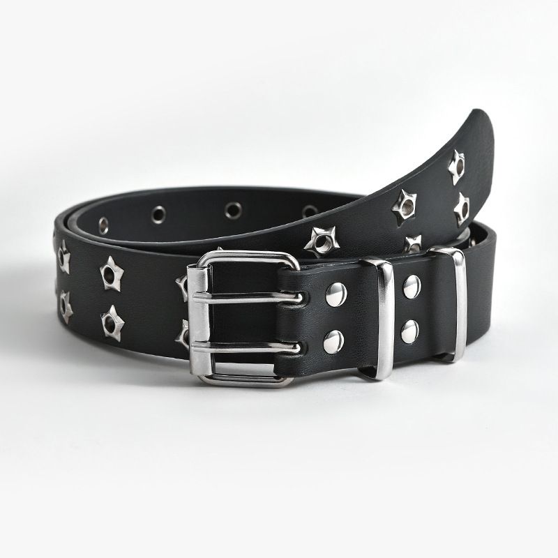 Punk Star Studded Waist Belt, Double Prong Eyelet Leather Belt for Jeans Goth Streetwear Outfit- black