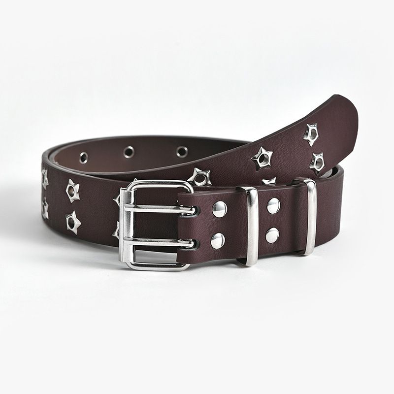 Punk Star Studded Waist Belt, Double Prong Eyelet Leather Belt for Jeans Goth Streetwear Outfit-coffee