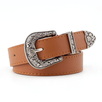 Vintage Engraved Western Buckle Belt, Retro Decorative Leather Waist Belt for Women Dresses Jeans-camel