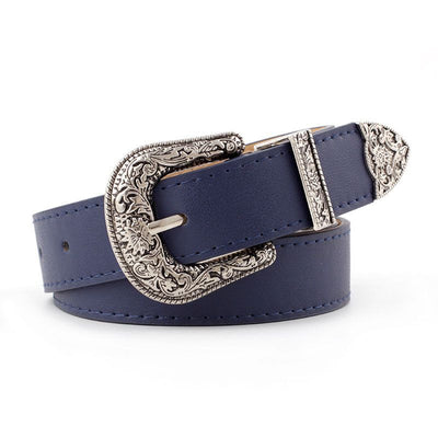 Vintage Engraved Western Buckle Belt, Retro Decorative Leather Waist Belt for Women Dresses Jeans-navy blue