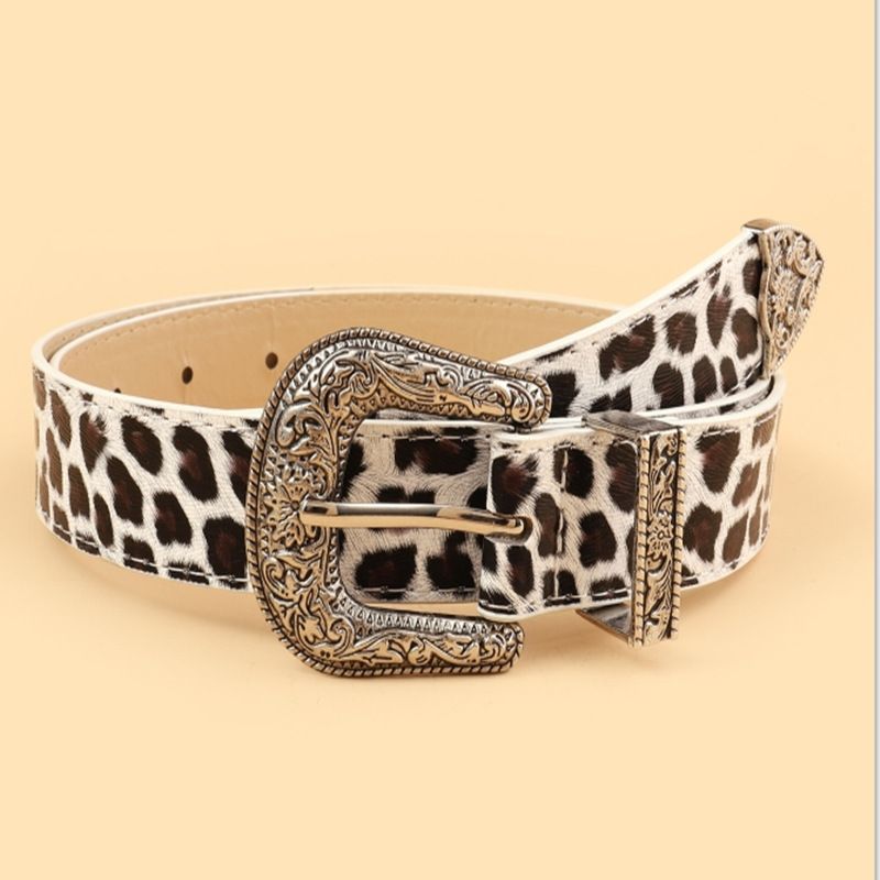 White Leopard Print Western Engraved Buckle Belt, Fashion Retro Animal Print Waist Belt for Ladies-milky white