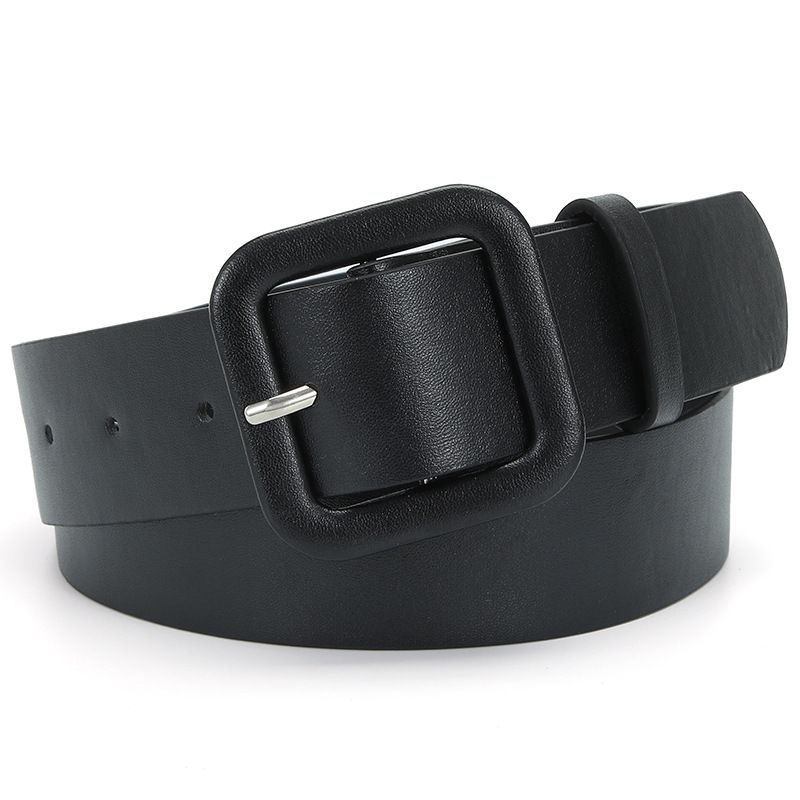 Women’s Square Buckle Leather Belt, Solid Color Simple Waist Belt for Dresses Jeans Trousers- black