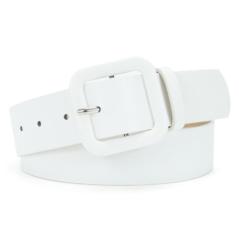 Women’s Square Buckle Leather Belt, Solid Color Simple Waist Belt for Dresses Jeans Trousers-white