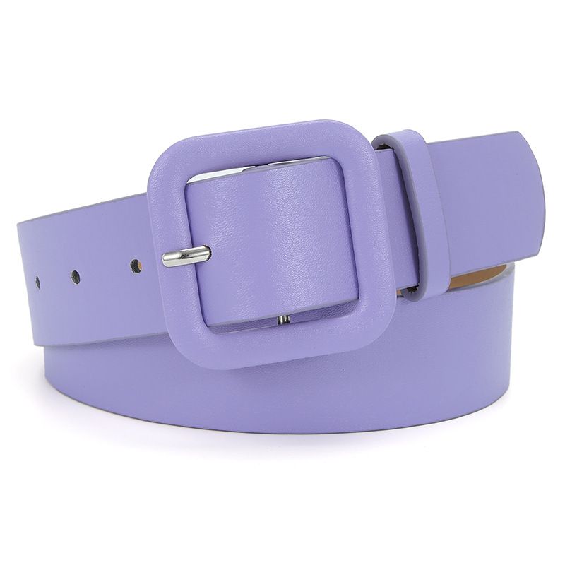 Women’s Square Buckle Leather Belt, Solid Color Simple Waist Belt for Dresses Jeans Trousers-purple