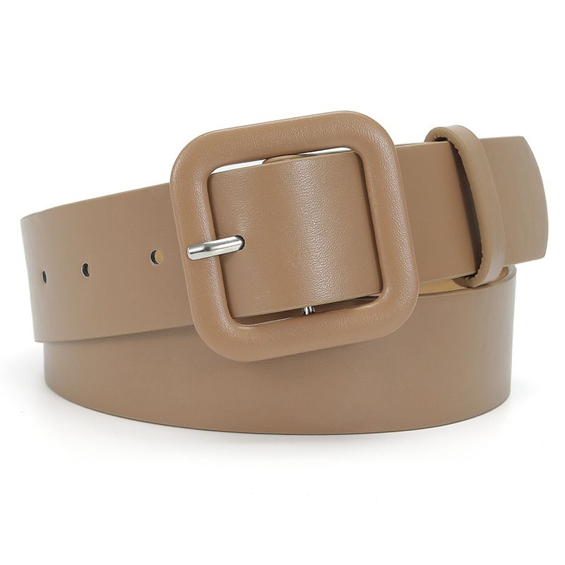 Women’s Square Buckle Leather Belt, Solid Color Simple Waist Belt for Dresses Jeans Trousers-khaki