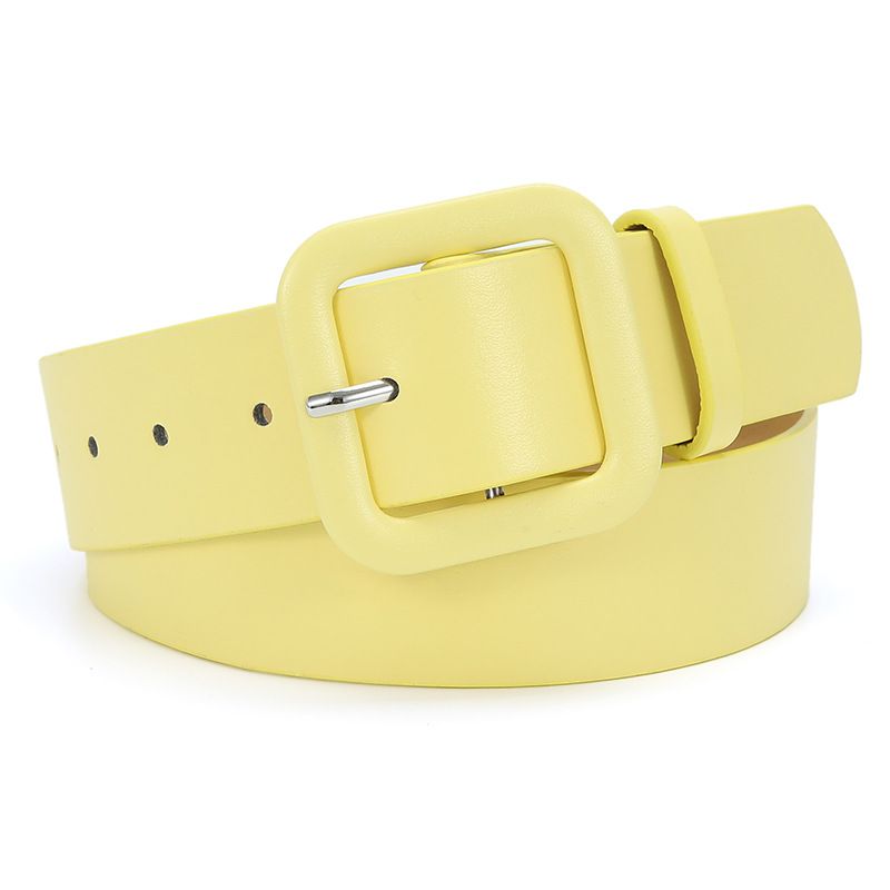 Women’s Square Buckle Leather Belt, Solid Color Simple Waist Belt for Dresses Jeans Trousers-yellow