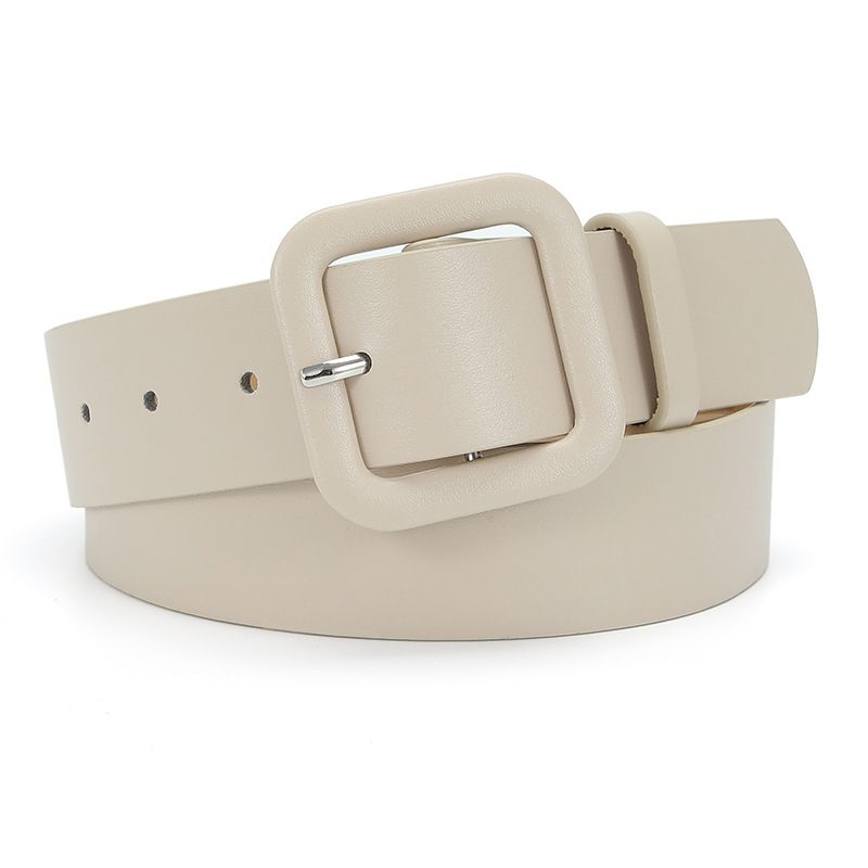 Women’s Square Buckle Leather Belt, Solid Color Simple Waist Belt for Dresses Jeans Trousers-beige