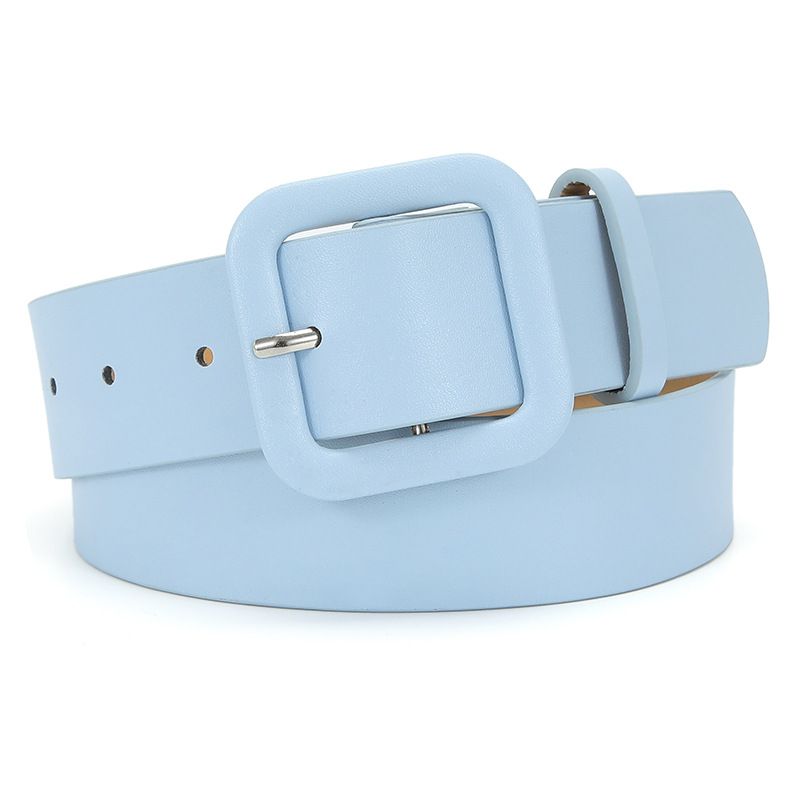 Women’s Square Buckle Leather Belt, Solid Color Simple Waist Belt for Dresses Jeans Trousers-sky blue