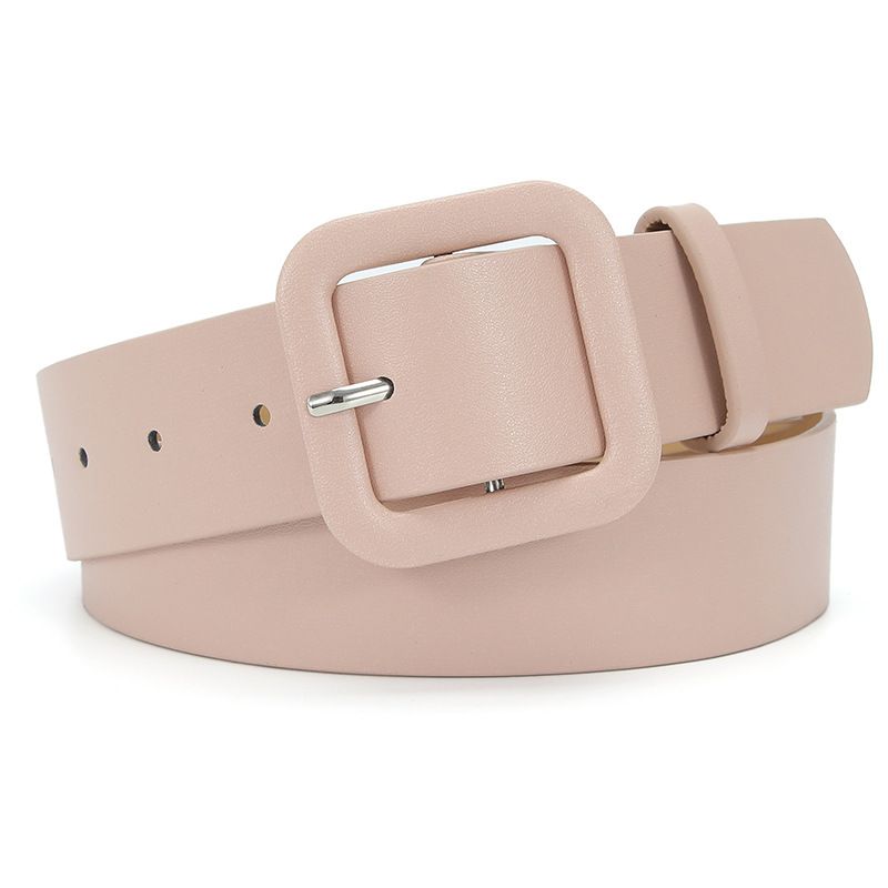 Women’s Square Buckle Leather Belt, Solid Color Simple Waist Belt for Dresses Jeans Trousers- pink