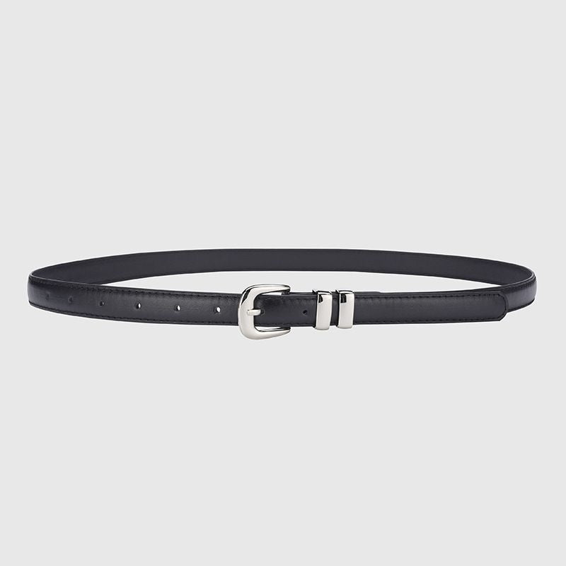 Thin Leather Waist Belt for Women, Slim Silver Pin Buckle Belt for Dresses Shirts Jeans-black