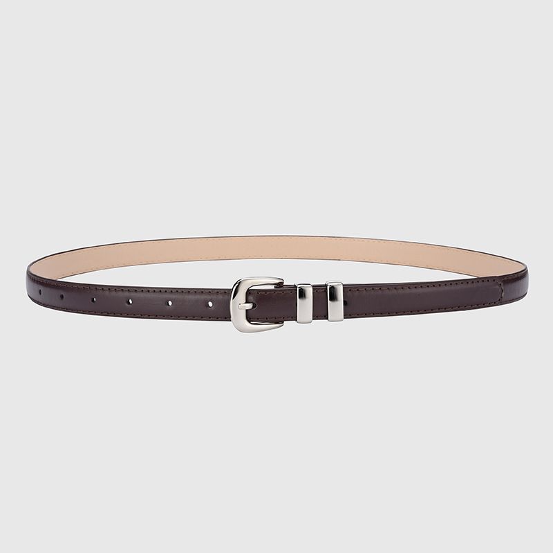 Thin Leather Waist Belt for Women, Slim Silver Pin Buckle Belt for Dresses Shirts Jeans-coffee brown