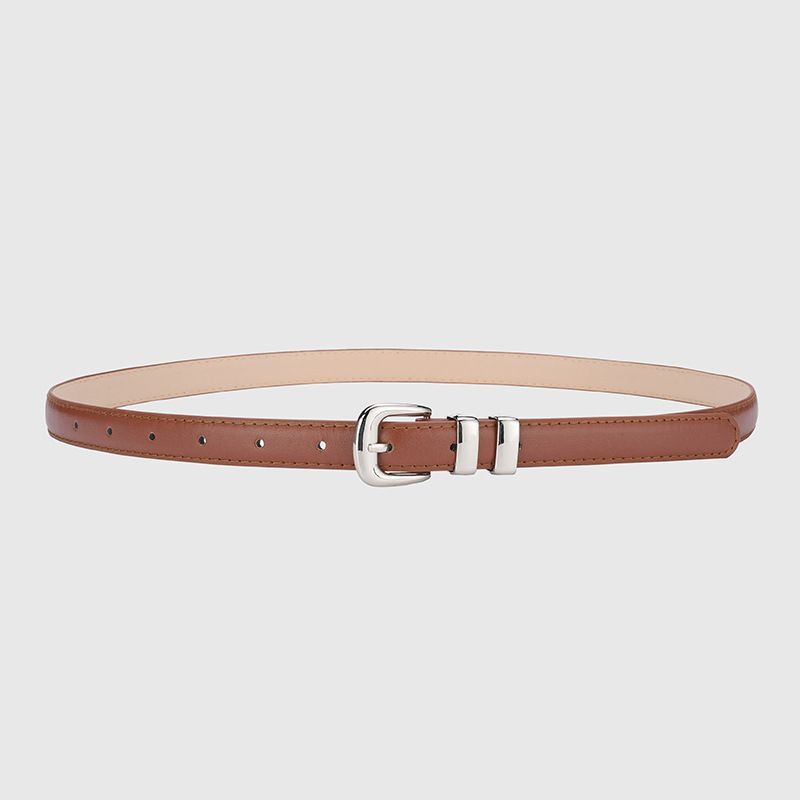 Thin Leather Waist Belt for Women, Slim Silver Pin Buckle Belt for Dresses Shirts Jeans-camel
