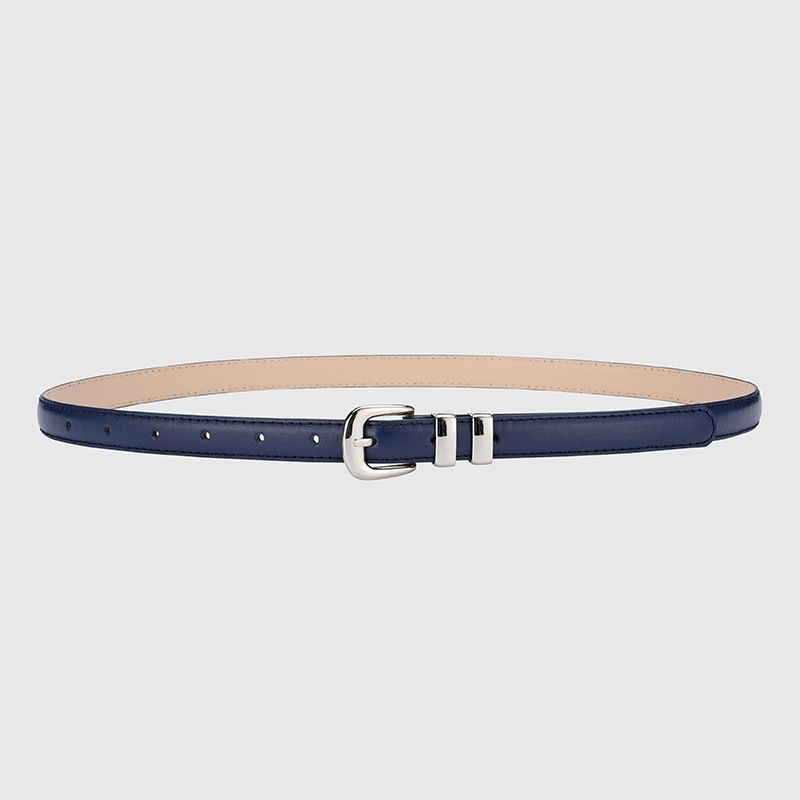 Thin Leather Waist Belt for Women, Slim Silver Pin Buckle Belt for Dresses Shirts Jeans-navy blue