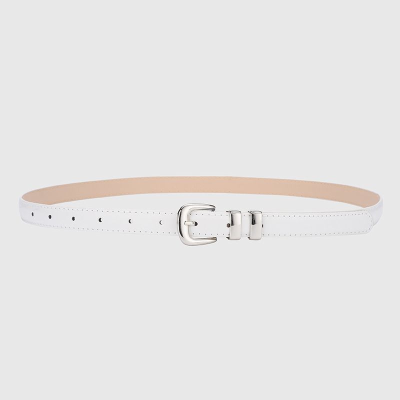Thin Leather Waist Belt for Women, Slim Silver Pin Buckle Belt for Dresses Shirts Jeans-white