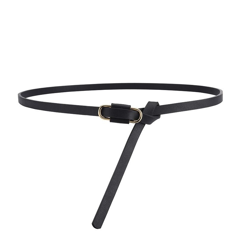 Knotted Thin Leather Belt for Women, Adjustable Slim Waist Strap for Dresses Long Blouses-black