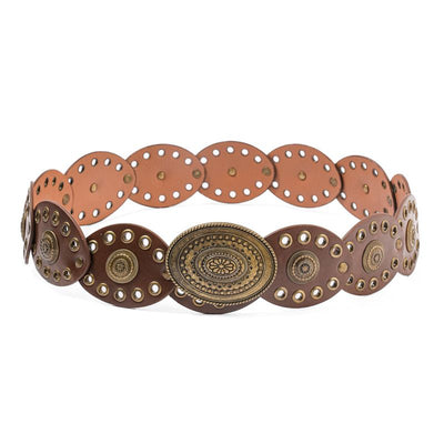 Boho Vintage Wide Waist Belt for Women Retro Ethnic Cutout Rivet Decorated Dress Waist Cincher 125cm Adjustable
