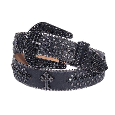 Y2K Bling Rhinestone Belt for Women Glitter Cross Studded Waist Strap Croc Texture Adjustable 115cm Dress Belt-Black