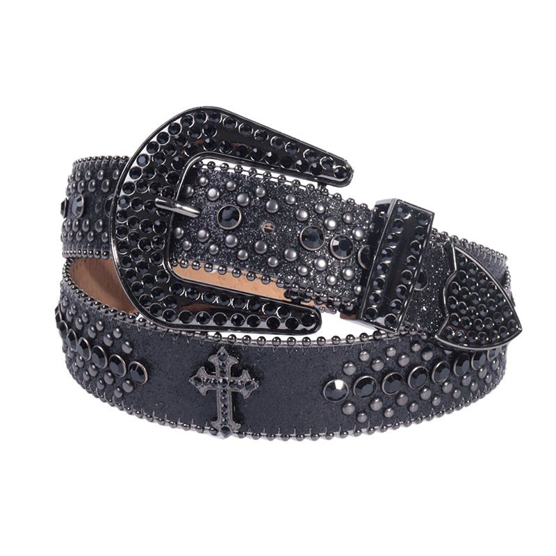 Y2K Bling Rhinestone Belt for Women Glitter Cross Studded Waist Strap Croc Texture Adjustable 115cm Dress Belt-Black